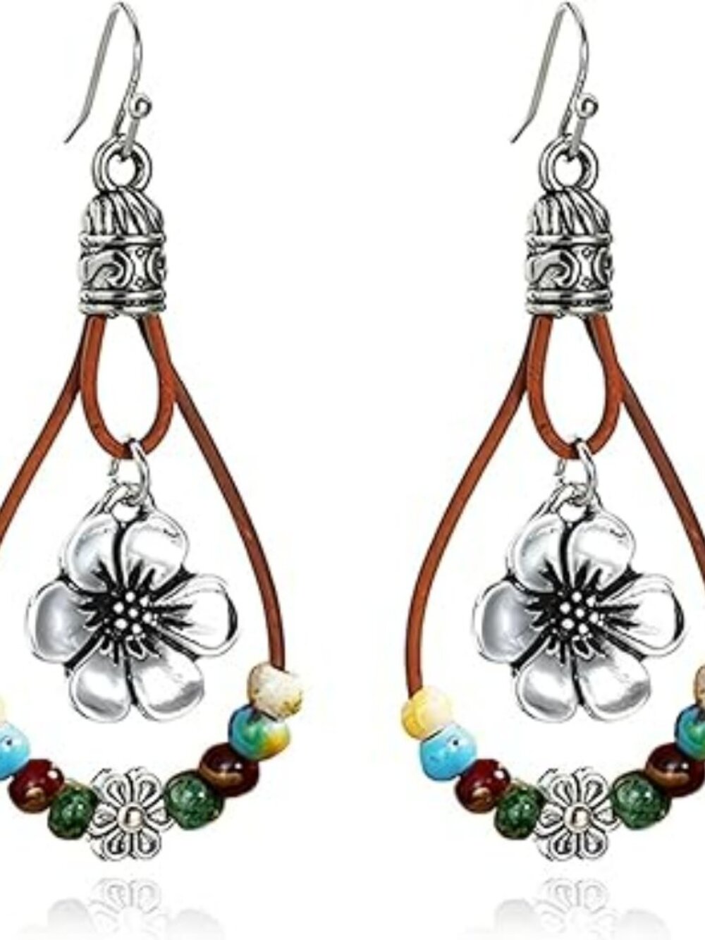 New Boho Earrings w Flower Western Country Nature Stone Flower Turquoise Bead